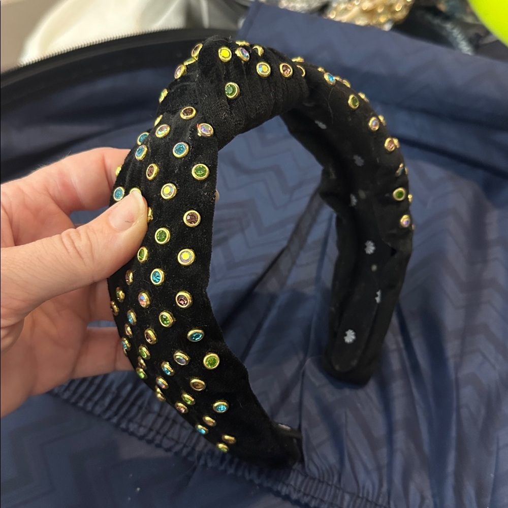 Lele Sadoughi Black Headband with Multicolor Rhinestones